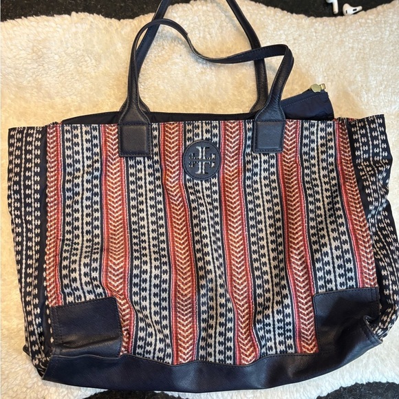 TORY BURCH “Ella” Blue/ Red Vertical Print Packable Nylon Tote - Picture 4 of 10